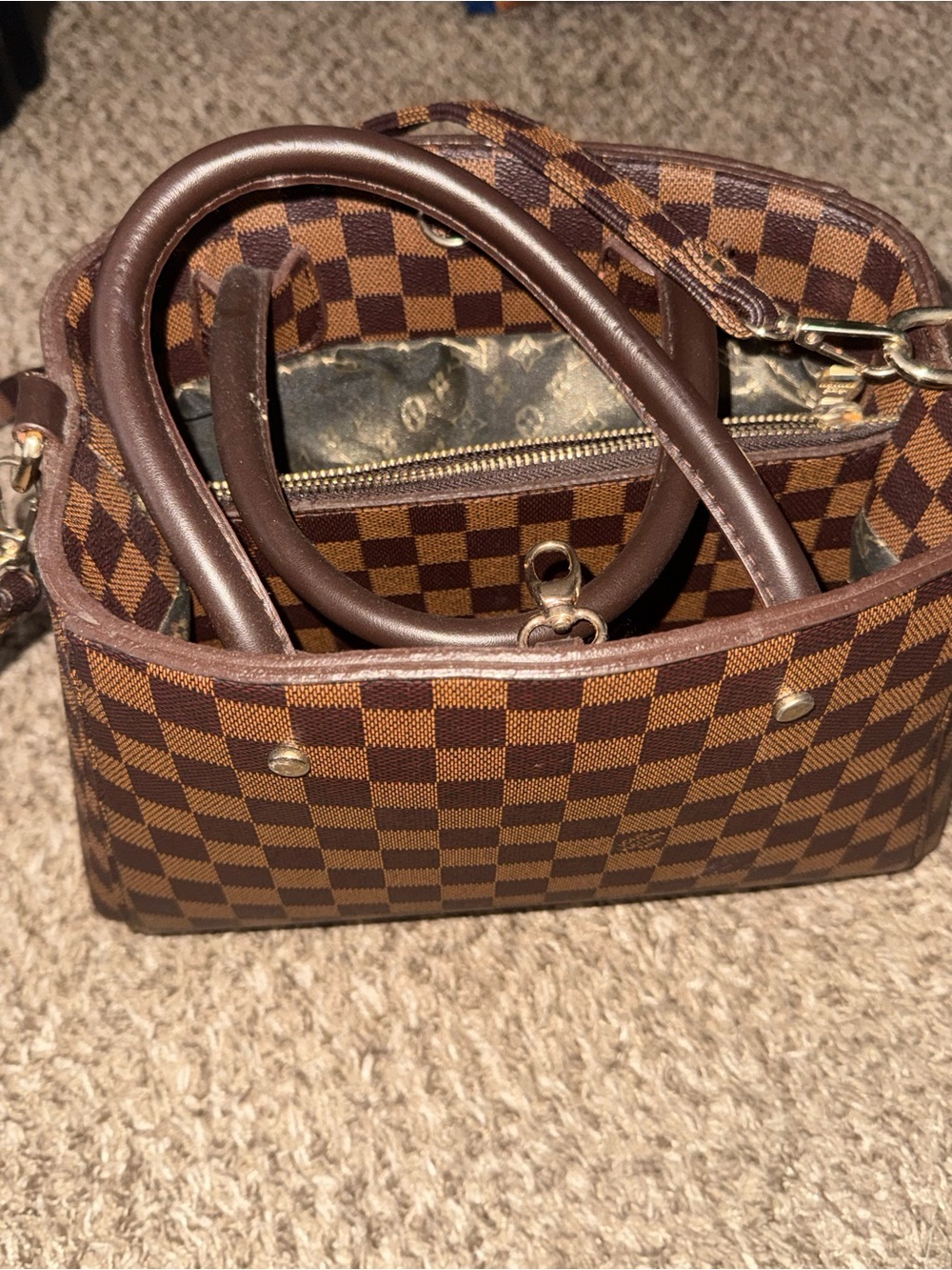 Brown Checkered Satchel Handbag